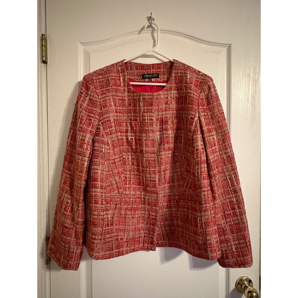 Jones New York Tweed Jacket Women 16W Pink Red Excellent Collarless Blazer